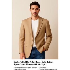 Vntg Banker's Hall Men's Blazer Tan Gold Button Sport Coat Size 40–42R  Made USA